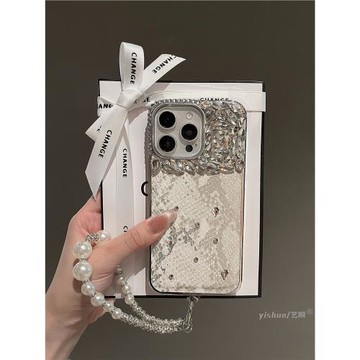 適用蘋果16ProMax手機殼iPhone15pro高級感ins奢華皮紋立體水鉆12創意新款16手繩掛鏈子13保護套pm氣質高檔女