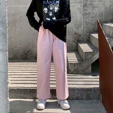 春夏季ins機能闊腿粉色工裝長褲男高街潮流bf嘻哈直筒哈倫老爹褲