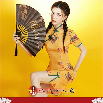 復古中國風潮流印花短旗袍 經典改良式時尚修身超顯瘦性感前開衩A擺短袖連身洋裝-龍轉乾坤-水水女人國