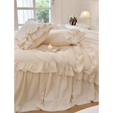 法式床裙|A類奶油風蕾絲純棉磨毛四件套 全棉100支高級感床上被套