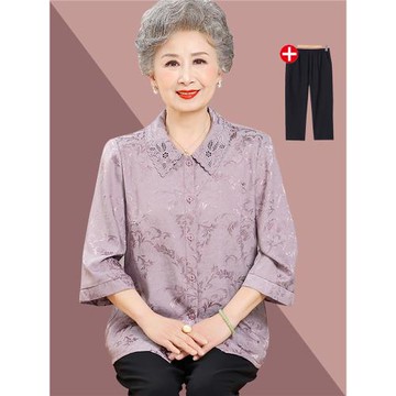 奶奶夏裝襯衫洋氣時尚套裝老年人女夏季上衣媽媽襯衣老人太太衣服