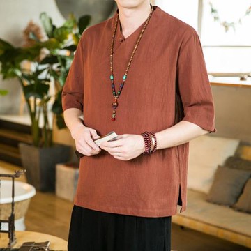 亞麻短袖t恤男中國風男裝夏季v領半袖體恤潮牌復古唐裝棉麻五分袖