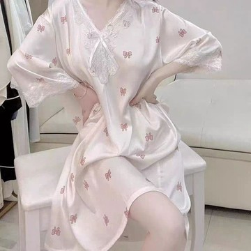 【臺灣出貨 免運】200斤春夏季冰絲蕾絲半袖印花性感女寬鬆高級家居服睡衣薄款睡裙