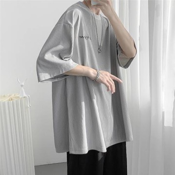 灰色t恤男夏季薄款寬松條紋短袖體恤美式高級感潮流簡約半袖上衣