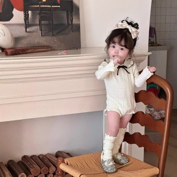 Cutemily女嬰針織連體衣荷葉翻領爬服女寶薄款春秋喇叭袖三角哈衣鑫弘-萌寶童裝可開發票