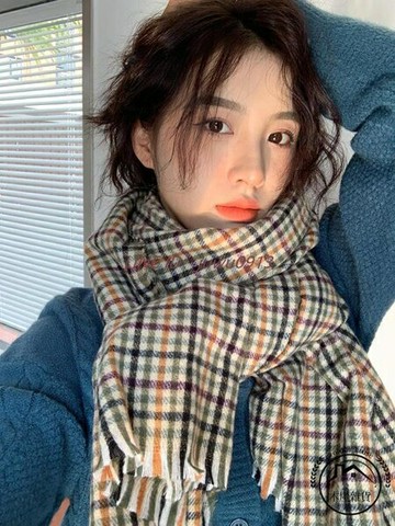 小眾甜美圍脖冬季韓版百搭經典保暖復古格子圍巾【木屋雜貨】