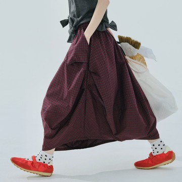酒紅格紋燈籠裙 / 半身裙 裙子