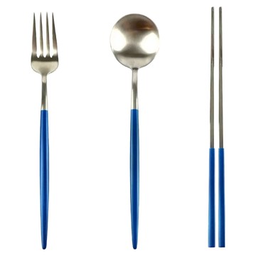 Caldo卡朵生活 深海藍霧不鏽鋼環保餐具3件組 (筷子23.5cm 湯匙21.7cm 叉子22cm)  藍銀色  1組  叉子 + 湯匙 + 筷子