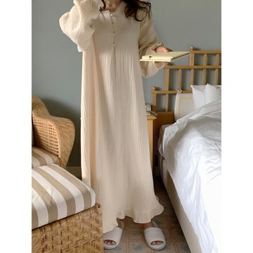 純棉睡裙女長袖孕婦睡衣春秋寬松睡袍大碼連衣裙休閑家居服夏簡約