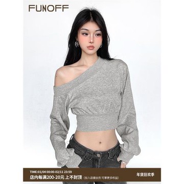 FUNOFF 美式復古灰色斜肩收腰長袖衛衣2025春秋簡約純色短款上衣