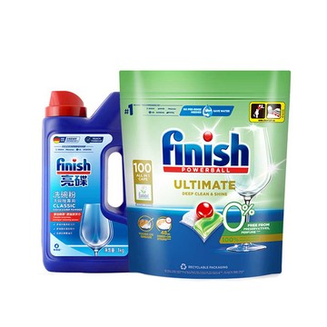 [finish 亮碟] 洗碗機零添加洗碗凝珠100顆+洗碗機專用強力洗滌粉劑洗碗粉1kg(2入組)