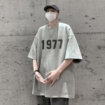 麂皮絨短袖t恤男夏季重磅300克做舊上衣服美式hiphop高街半袖體恤