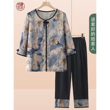 媽媽夏季套裝洋氣中國風小衫老年人夏裝女奶奶T恤闊太太婆婆衣服