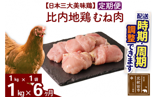 《定期便6ヶ月》 比内地鶏 むね肉 1kg（1kg×1袋）×6回 計6kg |jaat-050606