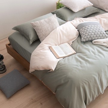 TL2000迷霧綠X麥香奶/300織天絲萊賽爾床包枕套/床包被套組/ 台灣