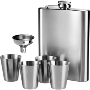 《Premier》酒杯4入+隨行酒壺-銀235ml-- 隨身酒瓶 攜帶酒壺