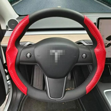 特斯拉Y方向盤套model3翻毛皮超薄吸汗專用方向盤卡套model