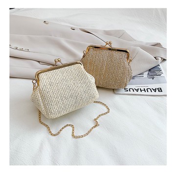 【台灣現貨】編織包 編織斜背包 貝殼包 斜背包 小包 口金包 斜背口金包 化妝包 韓系 韓版 兩用包 草編包 鍊條包