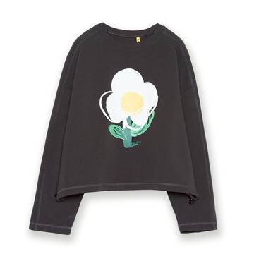 5th STREET｜女裝｜小花印花寬版長袖T恤｜黑灰色