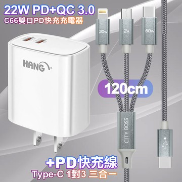 HANG C66白 22W 雙Type-C輸出充電器+TypeC 1對3 PD快速閃充線三合一(120cm灰)