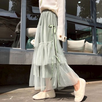 仙氣高腰顯瘦蝴蝶結不規則蛋糕裙秋冬新款絲絨長款網紗半身裙1入