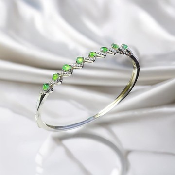 冰陽綠翡翠蛋面手環 925純銀鑲嵌 | 天然緬甸玉A貨翡翠 | 送禮