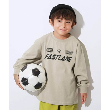 日本 devirock - 100%棉 落肩印花長袖T恤-斜體標語-淺灰