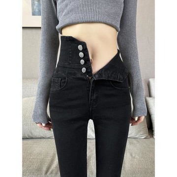 黑色超高腰牛仔褲女春秋新款排扣修身緊身女士顯瘦鉛筆小黑褲子