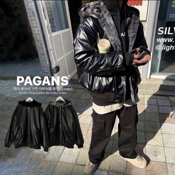 【PAGANS STORE】韓國代購 渲染 絨毛 雙面穿 保暖 寬鬆 落肩 皮革 夾克 連帽 外套 (2 color)