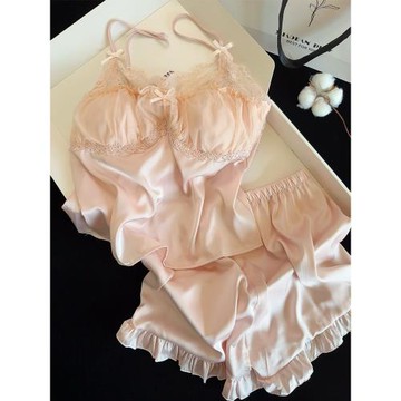 (免運)甜系少女蕾絲吊帶短褲睡衣女帶胸墊冰絲甜美純欲感家居服夏季