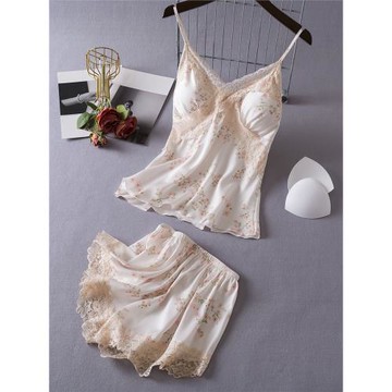 性感睡衣夏季女款冰絲2025新款蕾絲吊帶短褲套裝帶胸墊一體純欲風