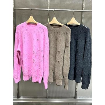 時尚百搭破洞長袖圓領套頭毛衣