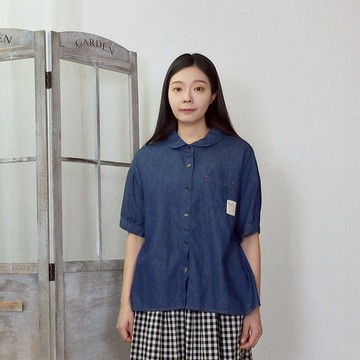 花木馬日系女裝前短後長娃娃領A襬水洗感牛仔襯衫