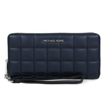 MICHAEL KORS Jet Set Travel 銀字Logo绗縫巧克力方格紋手提式長夾(海軍藍)