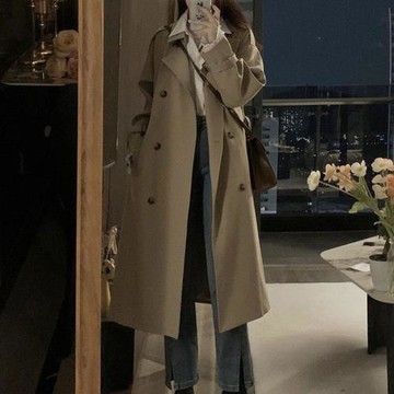 時尚寬松英倫風衣女秋中長款過膝大衣雙排扣顯瘦高級感外套休閑潮