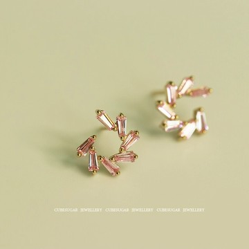 方糖家 925純銀粉色鋯石耳釘 鑲鉆精致簡約少女鋯石日韓可愛耳環1入