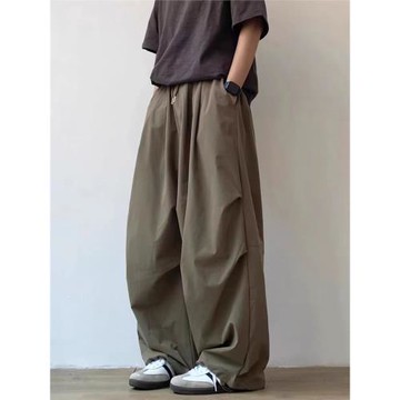 夏季日系復古純色寬松褶皺闊腿褲男女學院風百搭直筒休閑傘兵長褲