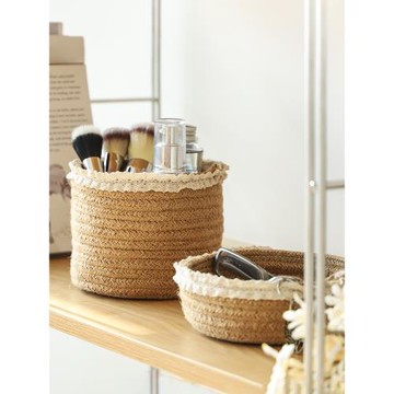 化妝品收納盒桌面布藝小號鑰匙化妝刷收納筐黃麻編織蕾絲花邊文藝