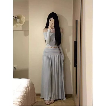 栗秋【】早秋新款純欲風辣妹設計感一字肩長袖T恤上衣高腰半身裙兩件套裝
