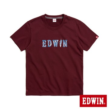 EDWIN 男款 羽毛紋牛仔貼布LOGO短袖T恤(朱紅色)