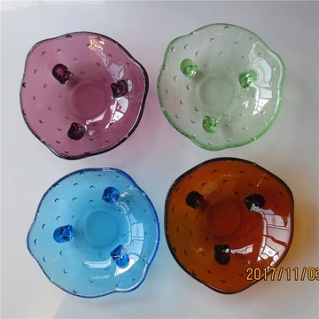 中式餐廳酒店17厘米藍綠紫琥珀彩色三腳足玻璃碗小吃涼菜水干果盤