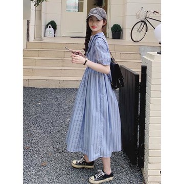 高級小眾藍色條紋襯衫連衣裙女夏2025新款寬松慵懶松弛感絕美長裙