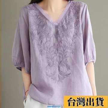 💞低價免運💞新中式國風女中袖襯衫 中國風服飾 春秋季新款上衣簡約文藝純棉長袖棉麻襯衫女寬鬆百搭刺繡襯衣 唐裝上衣
