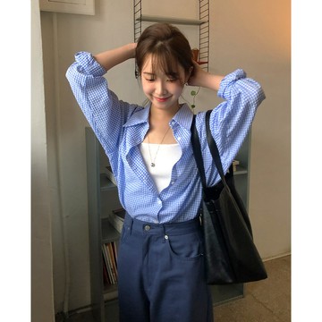 ˏˋ 𝐻𝑒𝑦 𝑆𝑝𝑟𝑖𝑛𝑔 - ̗̀🌷⛅️ ̖́‎慵懶溫柔少女泡泡紗紋理感格子百搭寬鬆長袖襯衫 三色