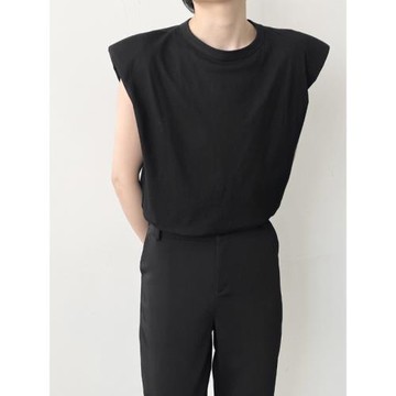 2024夏季潮圓領墊肩無袖坎肩T恤寬松上衣背心男潮牌小眾男生短袖