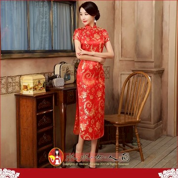 紅色氣質鳳尾花長旗袍 復古中國風婚禮喜宴旗袍趴演出服長版洋裝｜S-6XL加大尺碼｜水水女人國