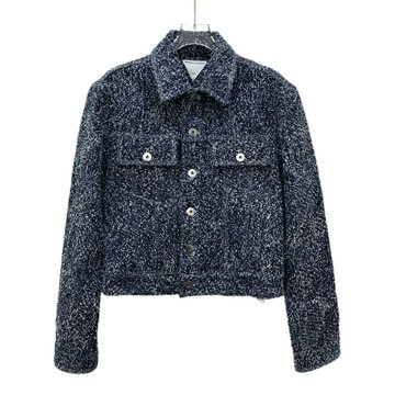 (S) bottega veneta質感小香風棉質翻領排扣粗花呢深藍色外套