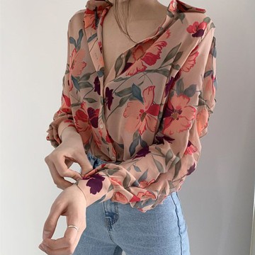 【韓國K.W.】KM2509現貨歐美粉繁花設計上衣(上衣/襯衫/長袖)