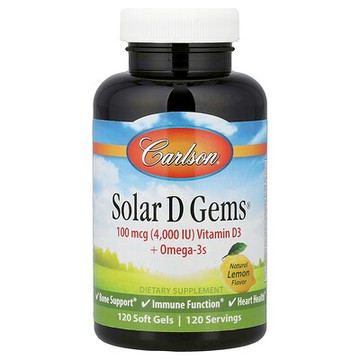 Carlson, Solar D Gems®，維生素 D3+Omega-3s，天然檸檬味，120 粒軟膠囊