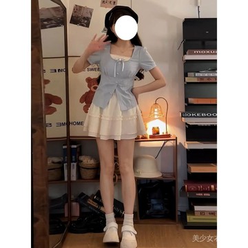 免運 台灣出貨 【茉莉椰藍】夏季新款白月光甜美學院風上衣蓬蓬裙收腰顯瘦套裝限時下殺 012